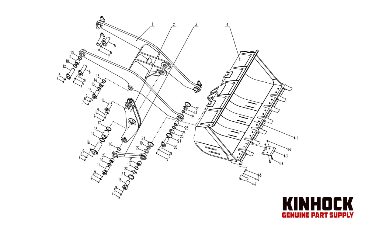 Heavy equipment frame and bucket spare part diagram